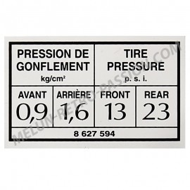 STICKER INFLATION PRESSURE RENAULT 4CV DAUPHINE