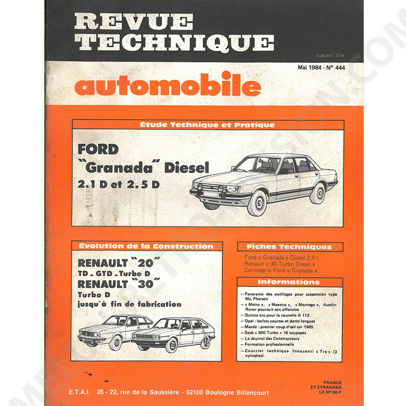 REVUE TECHNIQUE AUTOMOBILE FORD GRANADA 2.1D ET 2.5D RENAULT 20 30